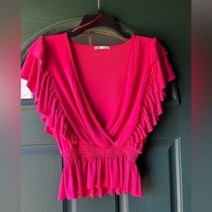 Never worn Zara Hot Pink Ruffle V Neck Blouse
